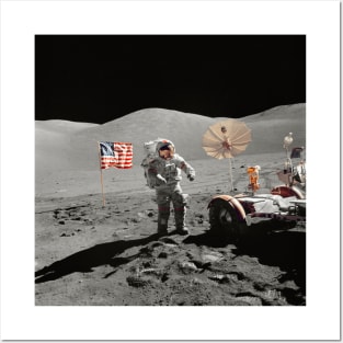 Astronaut Walking on Moon, Lunar Roving Vehicle, USA flag Posters and Art